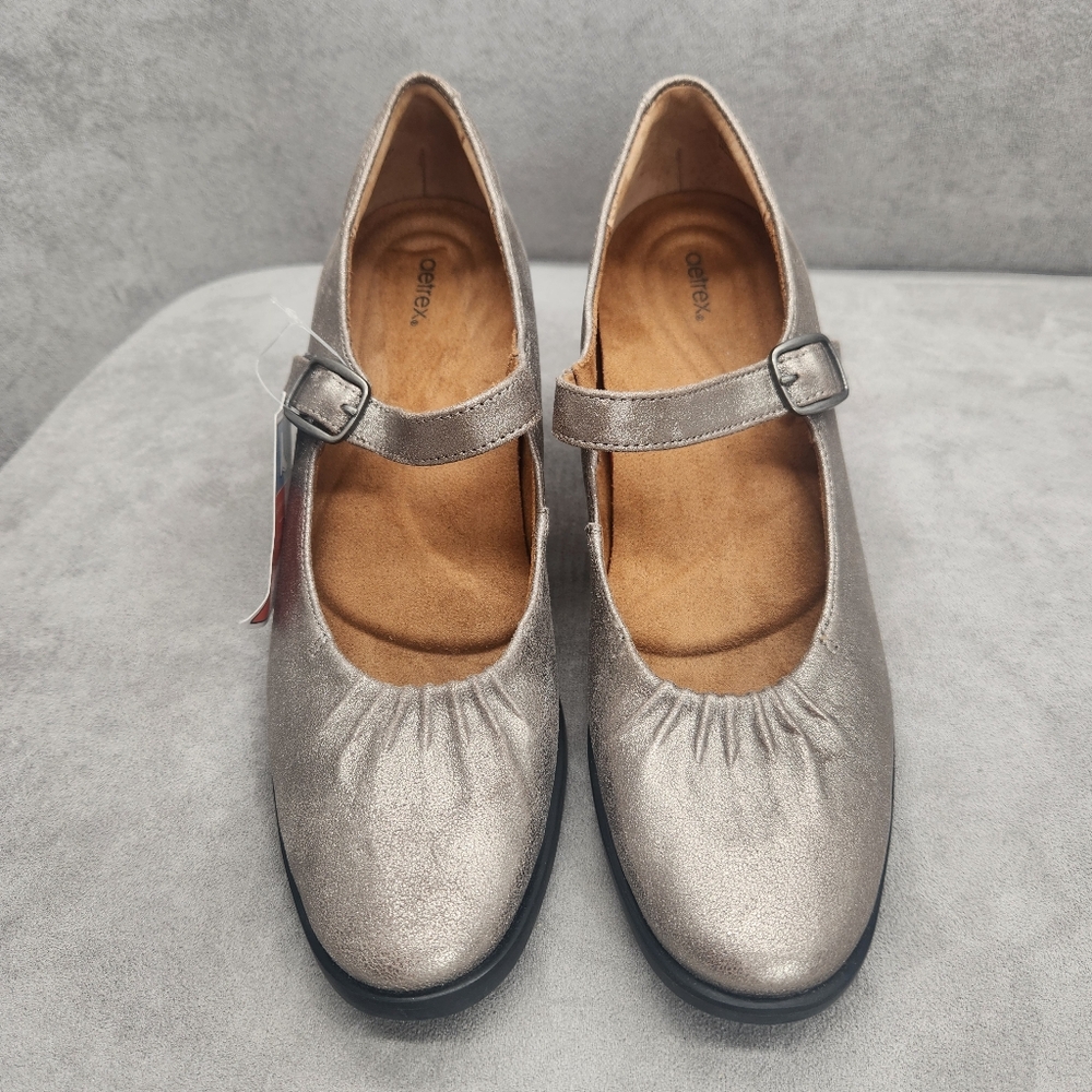 Aetrex Mary Jane Pumps 8.5 Silver Leather Sara Comfy Retro Arch Support New $150